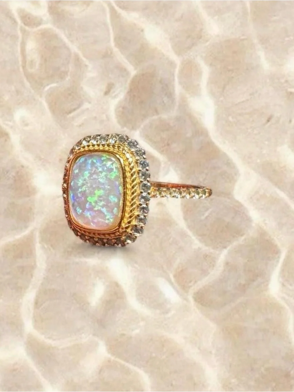 Boho Fairy 925 silver gold wash rainbow opal ring with blue stone halo and band